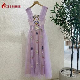 Casual Dresses 2024 Fashion Mesh Patchwork Embroidery Flower Party Dress Women Purple Sleeveless Square Collar A-line Luxury Wedding Mini