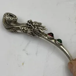 Decorative Figurines Antique Miscellaneous Pure Copper Silver-Plated Cigarette Holder Single Dragon Inlaid Gem Smoking Wire Pipe