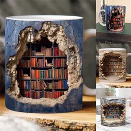 Mugs 3D Bookshelf Mug Effect Books Cool Birthday Christmas Gifts For Him Her White Ceramic 40's 50's 60s Drinking Glasses