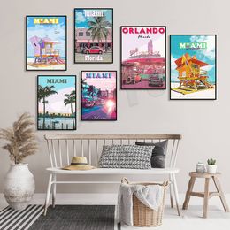 Miami Cityscape, Florida Gift, Pink Miami Palms, Miami Beach Tour, Orlando, Miami Skyline Travel Poster, Printed in USA,