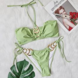 Women's Swimwear 2024 Light Green Bikini Women Metal Accessories Two Piece Swimsuit Strapless Halter Backless Bathing Suit Lace-up Y80