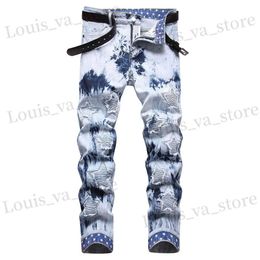 Men's Jeans Men Pleated Stars Patch Jeans Tie and Dye Stretch Denim Pants Strtwear Printed Hem Slim Straight Trousers T240411