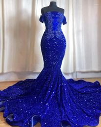 Party Dresses Royal Blue Velvet Sparkly Mermaid Prom Formal For Women Off Shoulder Crystal Corset Evening Gala Gown Black Girl