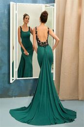 Sexy Arabic Backless Mermaid Lace Green Evening Dress Black Lace Applique Open Back Long Prom Dress6535442