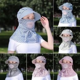 Berets Wide Brim Sun Visor Hat Portable Flower Printed UV Protection Breathable Face Mask Outdoor