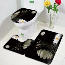 Zen Bath Mat Set Green Bamboo Black Stone Flower Swan Landscape Home Floor Carpet Bathroom Decor Non-Slip Rugs Toilet Lid Cover