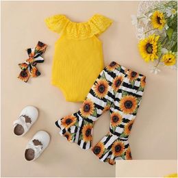 Clothing Sets Baby Girl Clothes Suits Solid Colour Lace Ruffles Boat Neck Sleeveless Romper Floral Print Flare Pants Headband 3Pcs Set Otecn