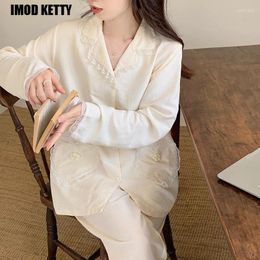 Home Clothing Sweet Solid Turn-Down Collar Cardigan Pajamas Spring Summer Sleeves Silk Pyjamas Women French Loose Two-Pieces Long Nightwear