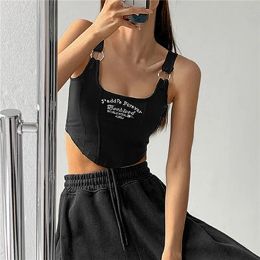 2023 New Spring Summer Print Letter Short Tank Tops Women'S Irregular Crop Top Y2k Summer Buckle Vest Embroidery With Bra Pad