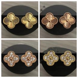 New Designer Women earring Four Leaf Clover Charm Stud Fritillary chalcedony Earring VintageCharm Earrings Back Agate Pearl Gold Studs for Women Jewelry