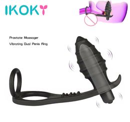 Ikoky Dual Cock Ring Butt Plug Anal Dildo Vibrator Silicone Prostata Massager Vibrator Gspot Adult Products Sex Toys For Men Y1908363335