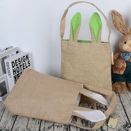 Durable Easter Basket Jute Burlap Kid Gift with Bunny Ear Single Handle Easter Bucket Cute Fluffy Bunny Package for Easter Party