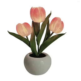 Night Lights Creative Tulip Light Soft Exquisite Ceramics PU Flower Table Lamp For Bookstores Cafes Battery Powered Ceramic Base