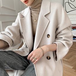 Wool Jackets Women Winter 2023 Suit Collar Double-Breasted Belt Slim Long Abrigos De Mujer White/Camel Double-Sided Tweed Coat