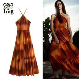 Casual Dresses Tingfly Women Summer Fashion Tie Dye Printing Blackless Lace Up A Line Dress Lady Sundresses Boho Long