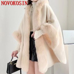 2022 Winter Korean Style Women Beige Poncho Faux Fur Collar Long Loose Cape Thicken Warm Velvet Lining Streetwear Coat With Hat