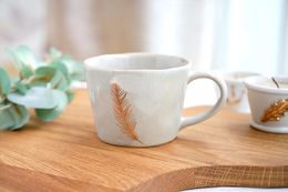 Mugs Outer Single Thick Ceramic Coffee Cup With Gold Edge Feather Art Mug Milk Juice Glass.