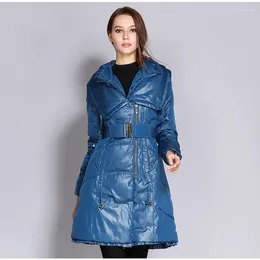 Women's Down Glossy Female Outerwear Cotton Padded European Style Ladies Zippers Long Jackets Solid Color Fashionable Women Winter Coat