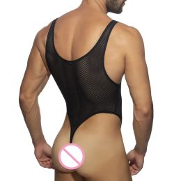 Erotic Tights Men Lingerie Transparent Body Tops One-piece Thongs Bodysuit Scoop Neck Muscle Showing Hot Sexy Nightclub Clubwear