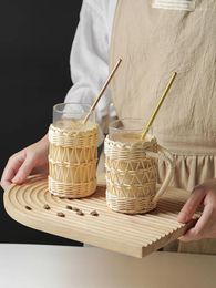 Wine Glasses Creative Rattan Glass Mug Cup 330ml 11oz Heat Resistant Thick Coffee Milk Water Juice With Holder 1 PC