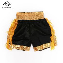 Muay Thai Shorts Plain Gold Tassels Boxing Shorts Womens Mens Kids Satin Kickboxing Fight Pants Grappling Martial Arts Clothing