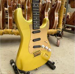 ST Electric Guitar, EbonyWood Fingerboard, Metallic Yellow, Metallic Yellow Pickguard, Golden Accessories, Free Ship