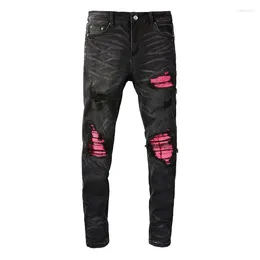 Men's Jeans High Street Distressed Pink Leather Ribs Patchwork Holes Stretch Slim Fit Streetwear Designer Ripped