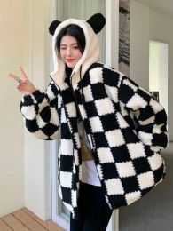 2023 Kawaii Zip Up Loose Punk Hoodies Women Winter Thicken Checkerboard Harajuku Bear Ears Cute Female Sweatshirt Oversized Coat