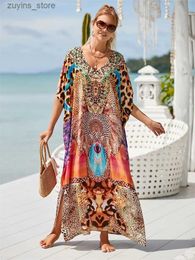 Basic Casual Dresses 2024 Boho Printed Dress Casual Summer Clothing For Women Sexy V-Neck Batwing Sleeve Beach Wear Maxi Dresses Robe Sarong Q1476 L49