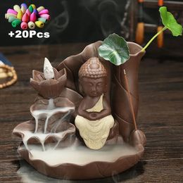 With 20Pcs Cones Purple Sand Handicraft Lotus Buddha Backflow Incense Stick Holder Ceramic Censer Tea Pet 240411