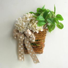 Decorative Flowers Fake Flower Basket Decoration Elegant Artificial Hydrangea Rattan With Dotted Bowknot For Indoor Outdoor Decor