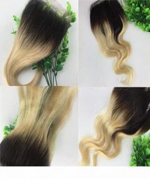 4x4 Lace Closure Ombre Blonde 1B 613 Two Tone Human Hair Brazilian Virgin Hair Straight Body Wave Bleached Knots Part Swiss L6710256