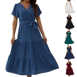 Casual Dresses Women's Bohemian Polka Dot Dress Wrap V Neck Short Sleeved Solid Colour Tie A-Line Layered Flowy Long Vestidos Longos