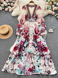 Basic Casual Dresses 2024 Fashion Ruy Gorgeous Flower Chiffon Cascade Ruffle Dress Womens Deep V-Neck Long Chiffon Printed Bohemian Robe Vestido C240411