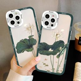 Lotus Pink White Flowers Green Leaf White Crane Clear Phone Case For iPhone X XR XS 11 13 12 14 Pro Max 7 8 Plus SE2 Back Cover
