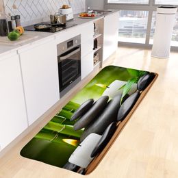 Zen Green Bamboo Kitchen Mat Black Stone Flower Spa Modern Natural Scenery Bedroom Long Carpet Home Decor Non-Slip Rug Bath Mats