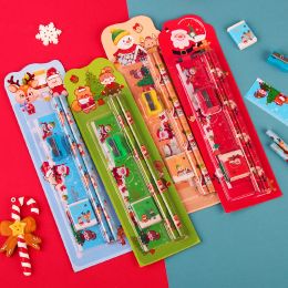 5Pcs/Set New Cute Stationery Set Merry Christmas Stationery Pencil Sharpener Eraser Ruler Kit School Student Supplies Xmas Gifts