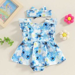 Girl's Dresses Baby Girl 2 Piece Summer Set Fly Sleeve Square Neck Flower Romper Dress + Cute Headband Infant Toddler Outfits for 0-18 Months