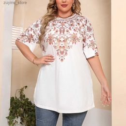 Basic Casual Dresses Plus Size Floral Print Half Sleeve Oversized Tee White Summer Casual O-Neck T-Shirt Women Vintage Loose Long Curve Tops 2024 L49