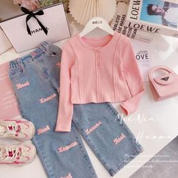 Clothing Sets 4-9Y Girls' Set Autumn Spring Knitted Sweet Top Letter Decal Jeans Two Piece Cute Little Girl Kids Fashion