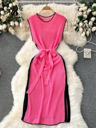 Casual Dresses SINGREINY Korean Straight Knitted Dress 2024 Summer Women Temperament O Neck Sleeveless Belt Loose Beach Style Sundress