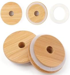 70mm86mm Wide Mouth Reusable Bamboo Lids Mason Jar Canning Caps with Straw Hole Non Leakage Silicone Sealing Wooden Covers Drinki2605574