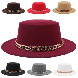 Berets Classic Solid Colour Golden Acrylic Chain Women Fedora Hats Gentleman Jazz Men Retro Lady Flat Wide Big Brim Dress Round Top Hat