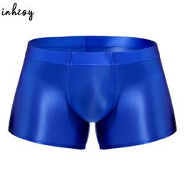 Men Low Rise Glossy Boxer Briefs Solid Colour Boxers Underwear Bottom Pouch Underpants Swimwear Male Swimming Shorts Trunks