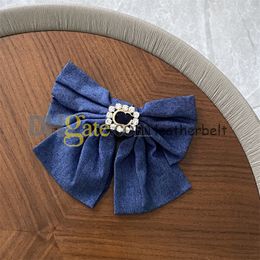 Denim Bow Barrettes Luxury Rhinestone Letter Hair Clips Retro Blue Hair Barrette for Women Girl Designer Hairpin with box