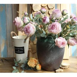 Decorative Flowers Four Head Pastoral Friendship Rose Simulation Burnt Edge Artificial Flower Bride Bouquet Wedding Wall Decoration