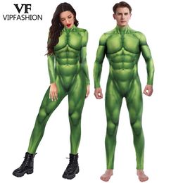 VIP FASHION Zentai Purim Cosplay Costume Carnival Green Muscle Print Jumpsuit Holiday Bodysuit Women Men Halloween Party Wear