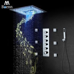 5 Functions Complete Thermostatic Shower Systems Set Embedded High Pressure 16 Inch Rain LED ShowerHeads Bathroom Shower Faucets