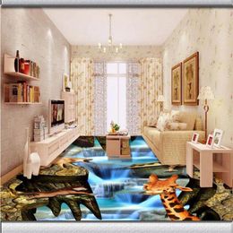 Wallpapers Custom Creative Forest Animal Party Waterfalls 3D Floor Three-dimensional Decorative Painting Non-slip Self-adhesive Paste