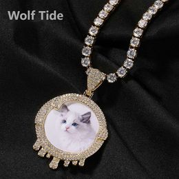 Top Quality Hip Hop Gold Round Water Drop Diy Photo Pendant Neckjlace For Men And Women Custom Photo Unisex Copper Diamond Memorial Frame Couple Jewellery Bling Collar